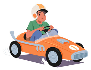 Cheerful Boy In A White Helmet Races In An Orange Pedal Car Designed Like A Vintage Racer. Little Kid Enjoying Races