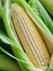 Fresh Bi-Color Corn Cob with Husk Isolated on White Background.