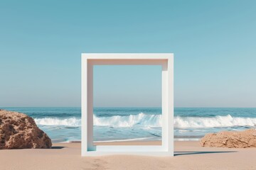 Fototapeta premium Empty advertise blank advertise frame set against a coastal style background