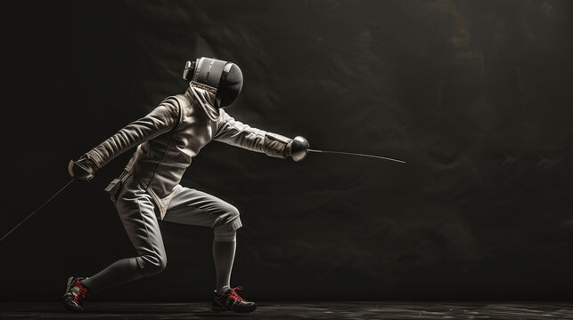 Smiling fencer demonstrating skillful lunge technique against dark background