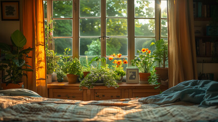 Fototapeta premium A window with a view of a garden and potted plants.