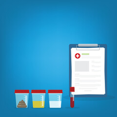 Urine, stool, sperm and blood analysis. Urine, stool, sperm and blood test icon. Medical analysis laboratory test. Medical samples in a plastic box and medical report clipboard.