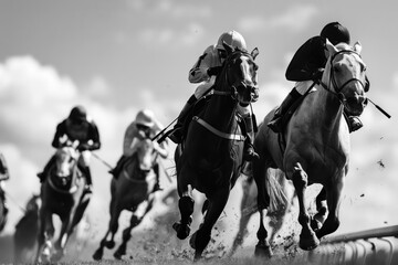 Fototapeta premium A group of jockeys are racing horses in a competition