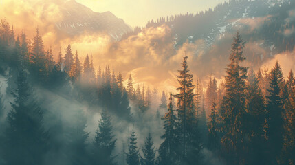 Fototapeta premium A forest with trees covered in mist and fog