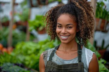 A photo of an African American woman in her late thirties, smiling and picking vegetables from the garden at sunset