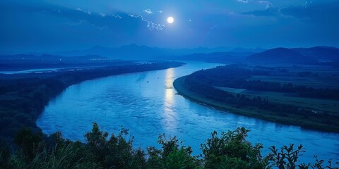 Fototapeta premium Enchanting Moonlit Night Over Ancient Chinese Riverside