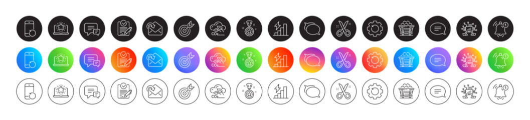 Talk bubble, Scissors and Consumption growth line icons. Round icon gradient buttons. Pack of Best laptop, Comment, Target icon. Chat, Recovery gear, Winner reward pictogram. Vector