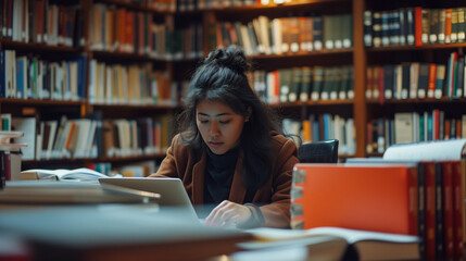 The student life Shot of a group of university students working on computers in the library at campus, student full body standing in a library and looking through a book, woman in the library