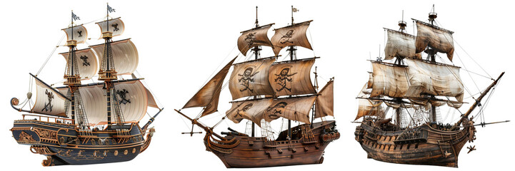 Set of pirate ship with an ornate figurehead and detailed hull  isolated on transparent background  (3)