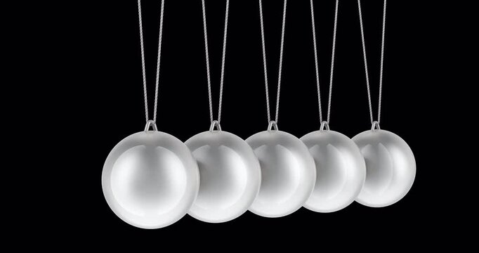 Pendulum in motion, animation of Newtons Cradle. Seamlessly loopable. 3D rendering isolated on transparent background