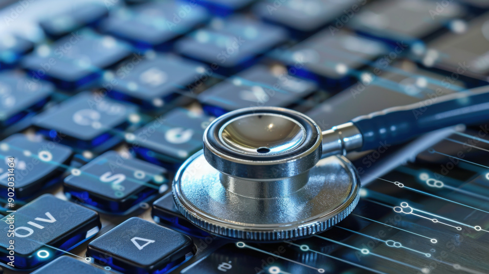 Poster a stethoscope rests on a computer keyboard, symbolizing the intersection of healthcare and technolog