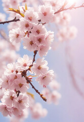 Obraz premium Sakura. Branches with pink flowers on a plain background for publications.