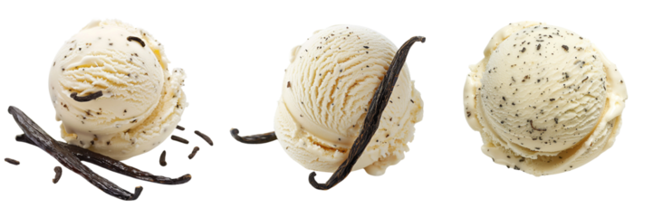Set of scoop of creamy vanilla ice cream with visible vanilla bean specks isolated on transparent background   (2)