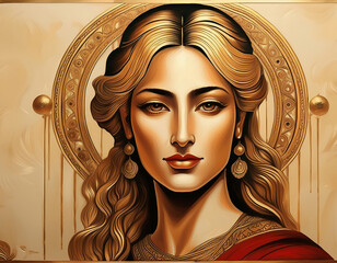 Portrait of the ancient byzantion woman on a golden background.