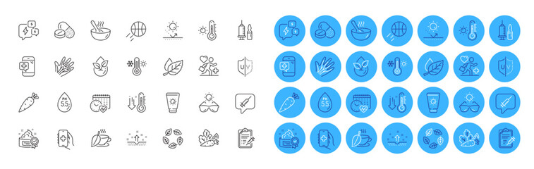 Sun protection, Sunscreen and Stress line icons pack. Vegetables, Cardio calendar, Veins web icon. Basketball, Medical vaccination, Weather thermometer pictogram. Clean skin. Vector © blankstock