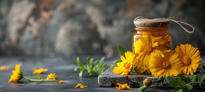 Cosmetic lotion oil with natural fresh Calendula Extract. Calendula herb extract in jars with Calendula on table. Photo texture. Horizontal banner postcard background.