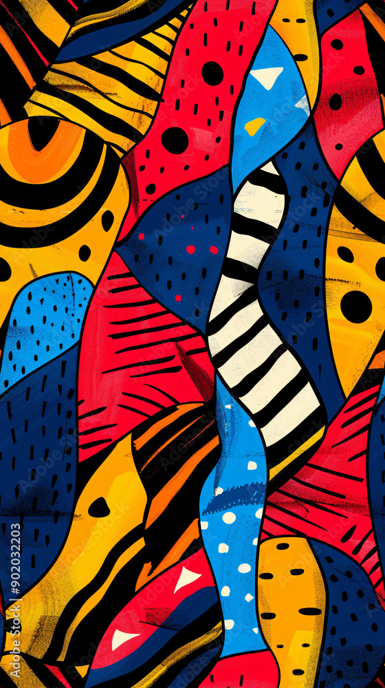 Poster vibrant and dynamic abstract pattern featuring a fusion of organic shapes, bold lines, and a lively 