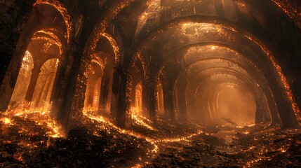 Naklejka premium Flames highlighting the contours of ancient stone arches, creating a striking contrast and a sense of timelessness