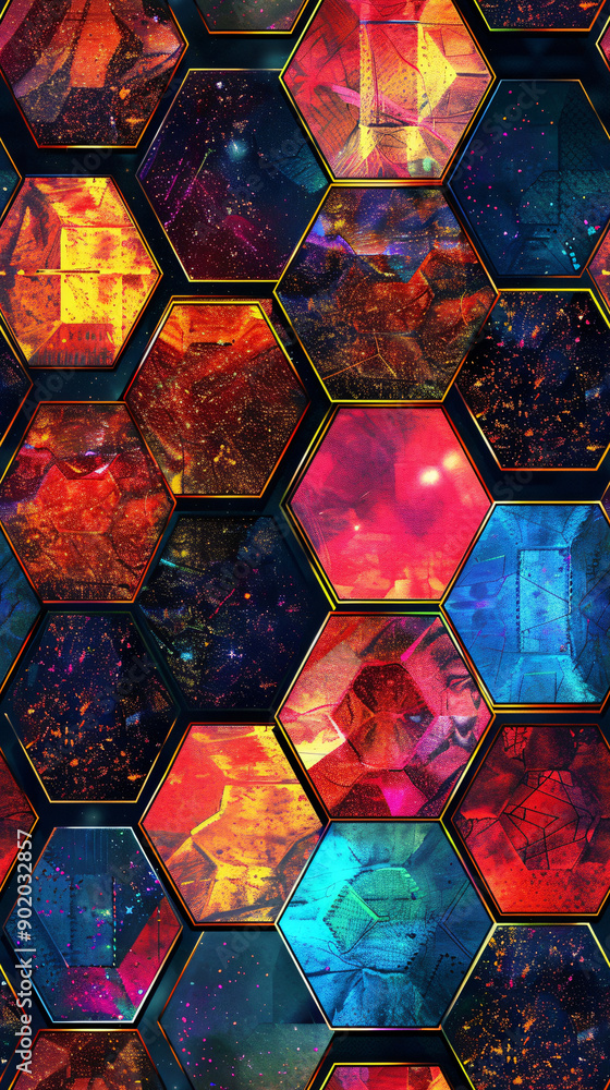 Fototapete Colorful array of hexagonal shapes with unique crystal-like textures in a seamless pattern