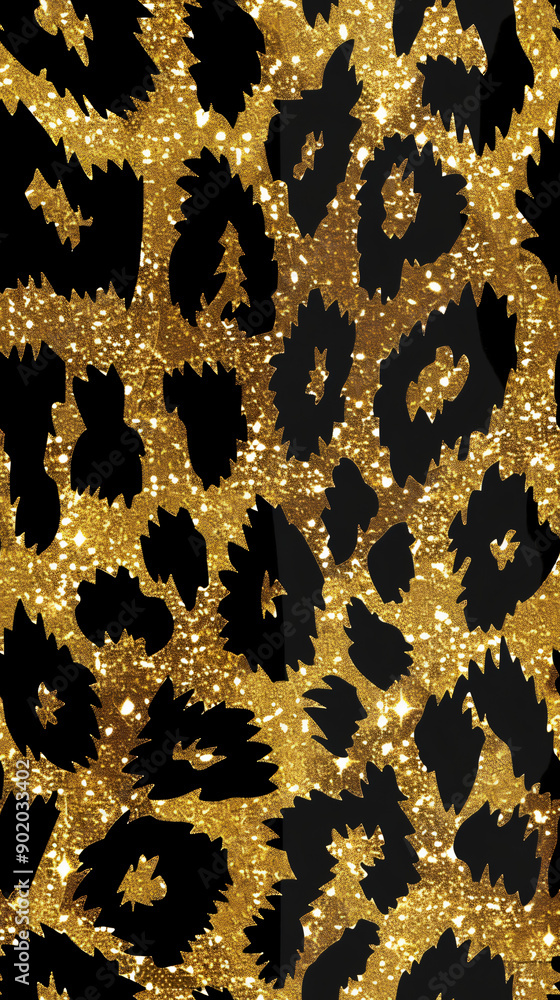 Poster luxurious leopard print pattern with golden glitter effect, ideal for elegant backgrounds and design