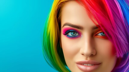 Naklejka premium A woman with rainbow colored hair and makeup. The woman has a bright and happy expression on her face