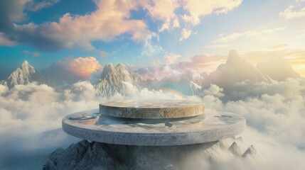 3D rendering of a stone circular product display podium with a beautiful rainbow behind the mountain and fog in the sky.
