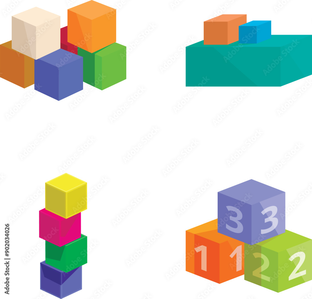 Poster collection of vibrant 3d geometric shapes, including stacked cubes and numerical blocks