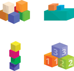 Collection of vibrant 3d geometric shapes, including stacked cubes and numerical blocks