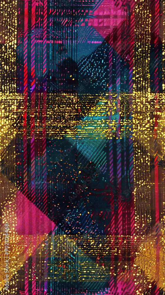 Poster enchanting abstract pattern with a seamless repeat, fusing gold, pink, and blue tones with intricate