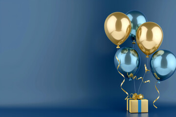 Balloons and gift present with shiny blue and gold ribbons for a party celebration