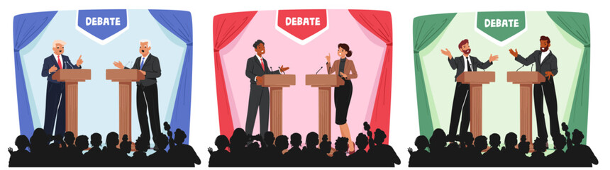 Politician Characters Debate Political Issues On Stage Before An Engaged Audience. Diverse Middle-aged Men or Women