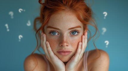 Thoughtful Young Girl with Red Hair and Question Marks - Perfect for Inquiry and Education Themes