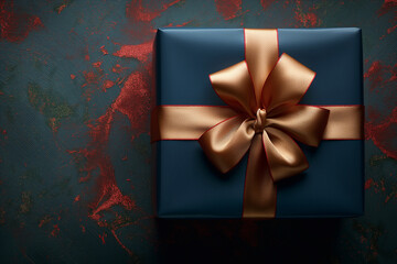 Beautiful blue gift box with gold ribbon and bow for a festive celebration, perfect present idea