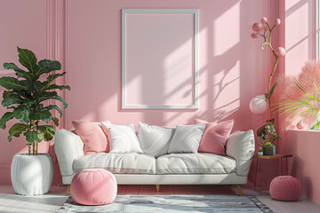 Scandinavian living room pastel color accents with empty frame