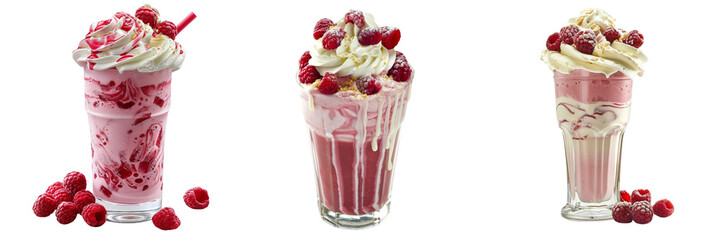 Set of raspberry ripple milkshake topped with whipped cream and fresh raspberries isolated on transparent background   (2)