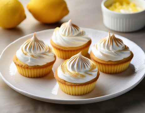Lemon cupcakes with whipped cream and lemon slices on a plate	
