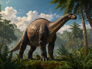 Image of dinosaur similar to Apatosaurus on the background of prehistoric landscape with trees.