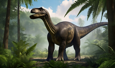 Fototapeta premium Image of dinosaur similar to Apatosaurus on the background of prehistoric landscape with trees.