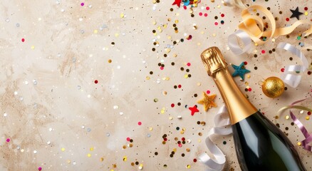 Champagne Bottle and Glass With Confetti