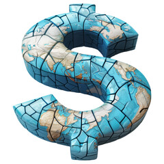 Global economy concept with a world map shaped into a dollar sign, isolated on a transparent background.
