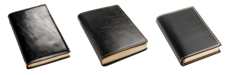 Set of sleek black leather notebook with gold embossing isolated on transparent background