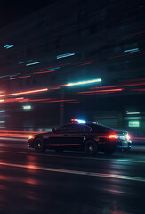 Fototapeta premium Emergency response police car speeding to scene of crime. Selective focus police car in night street
