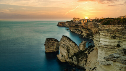 Panoramic Bonifacio, Corsica coastline and village - travel concept for website, banner, cards ...