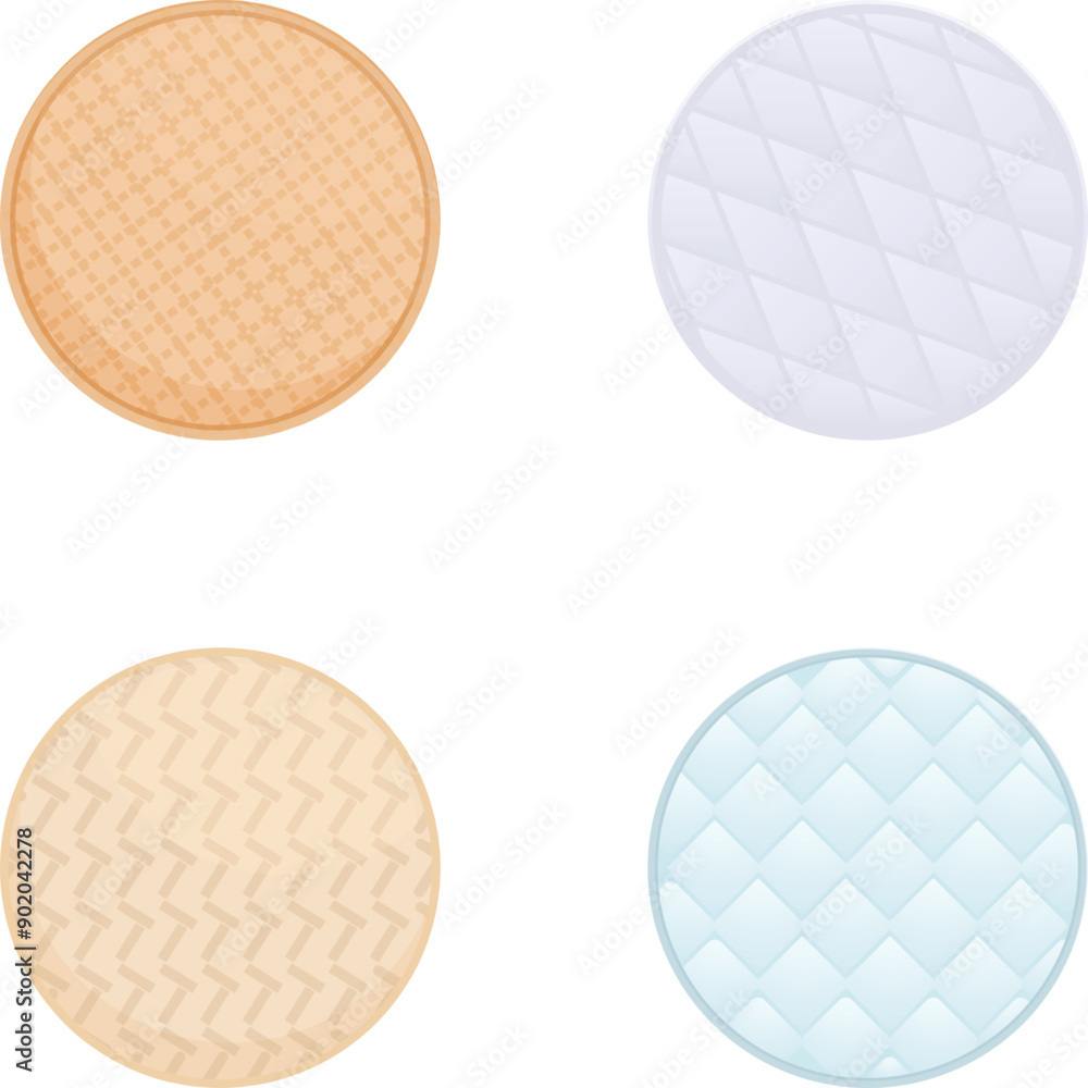 Poster collection of four circular plates with various geometric patterns and textures isolated on white