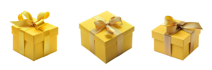 Set of small royal yellow gift box with a gold ribbon isolated on transparent background