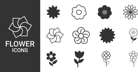 Flower vector icons set. Black color flower shape icon collection. Vector illustration