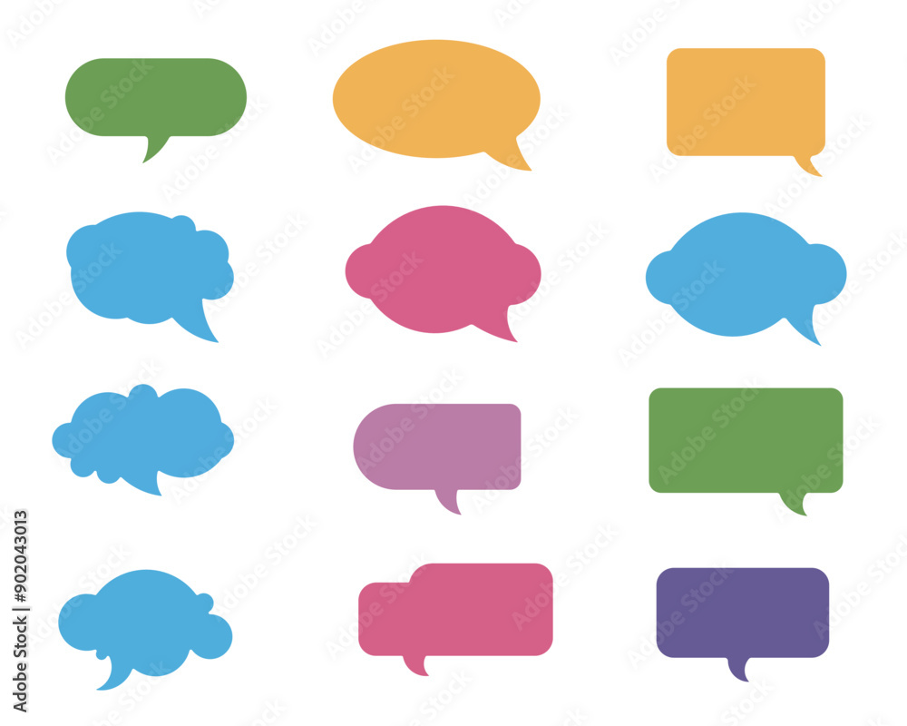 Poster set of vector speech bubble labels. retro color custom offer design elements, chat emblems, colorful
