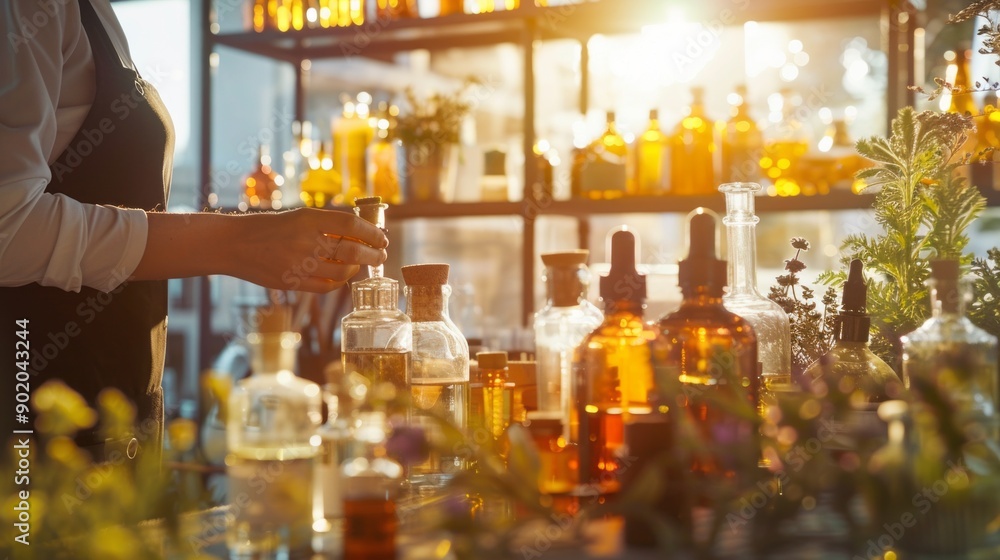 Poster a person is standing in front of a shelf full of bottles