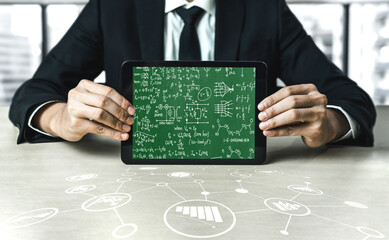 Mathematic equations and modish formula on computer screen showing concept of science and education