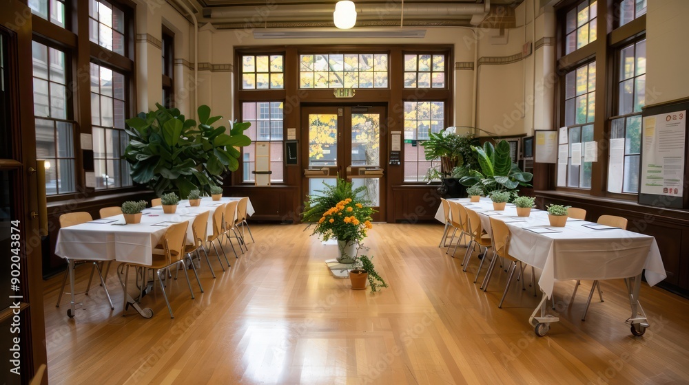 Poster a large room with tables and chairs, and a potted plant in the middle. the tables are covered with w